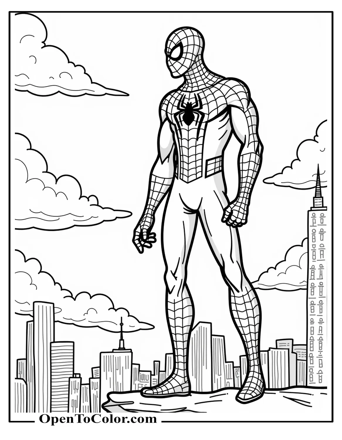 Spiderman standing high above the city and searched for crimes to fight coloring sheet PDF.