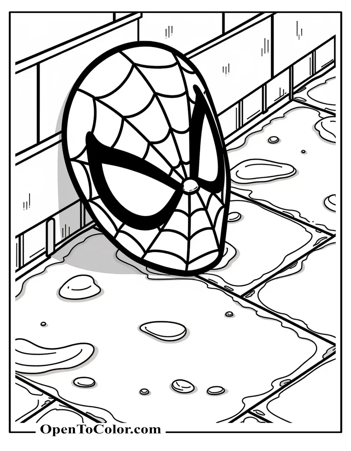 Spiderman's mask coloring page PDF laying on the floor in a dark alley