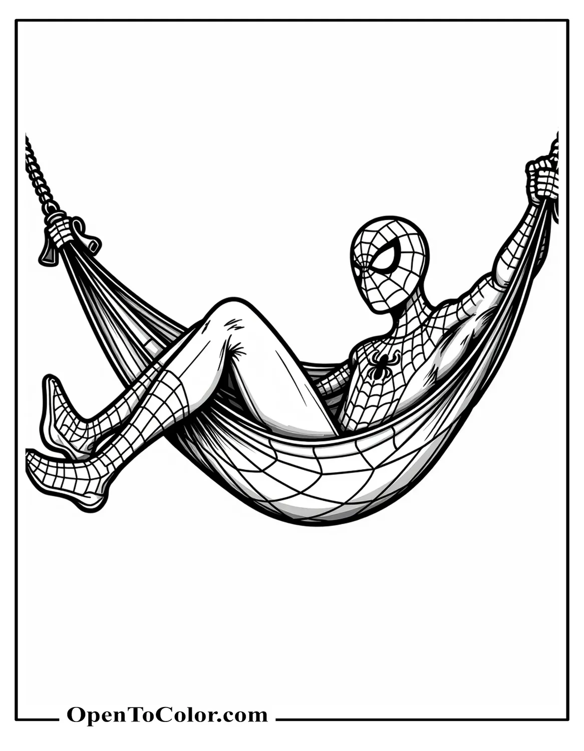 Spiderman swings on a hammock made out of his webs, coloring sheet, printable.