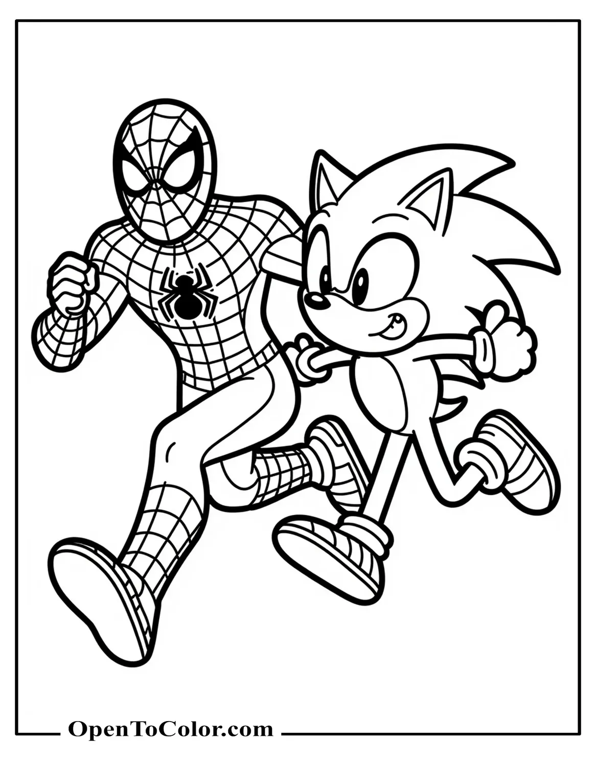 Spiderman and Sonic Running Side by Side Coloring Page Printable