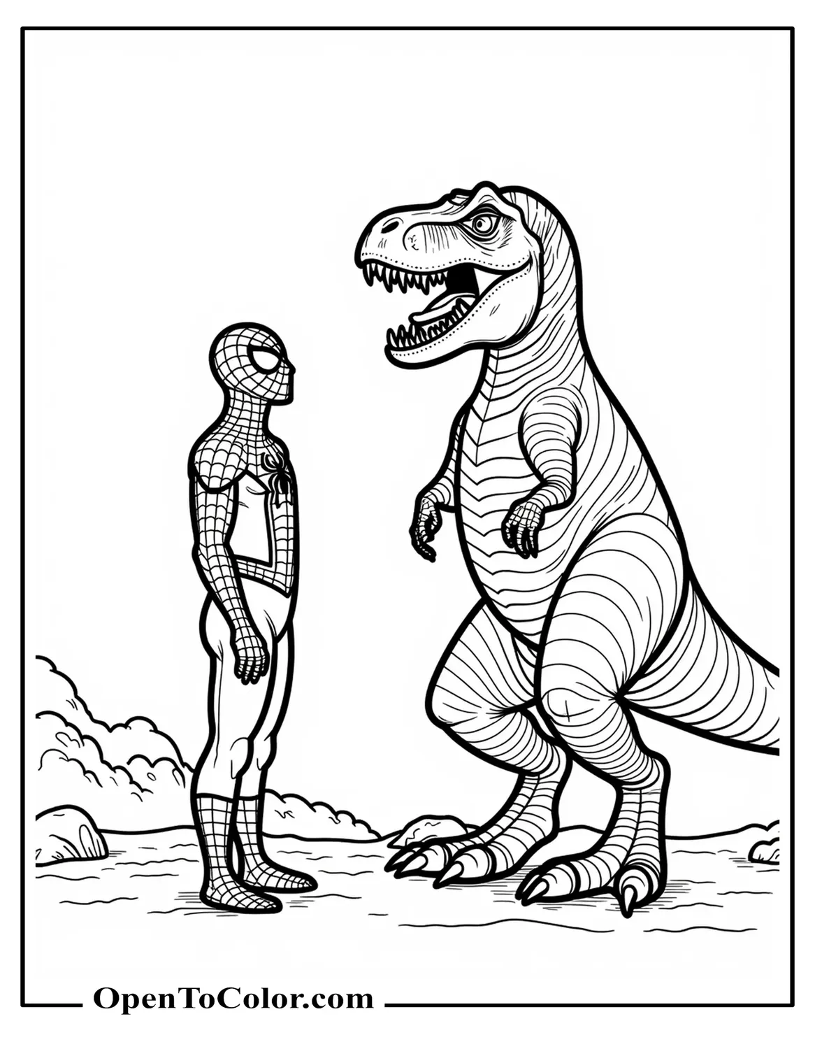Free Coloring Page of Spiderman Looking Up to a Tall T-Rex