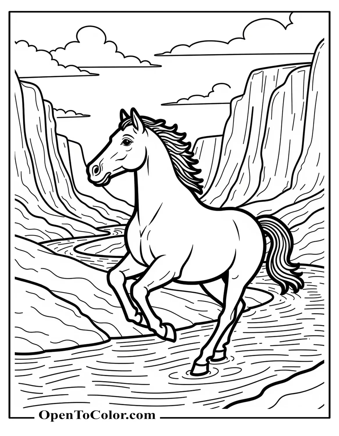 Spirit Stallion Galloping Beside Canyon River Printable Coloring Sheet