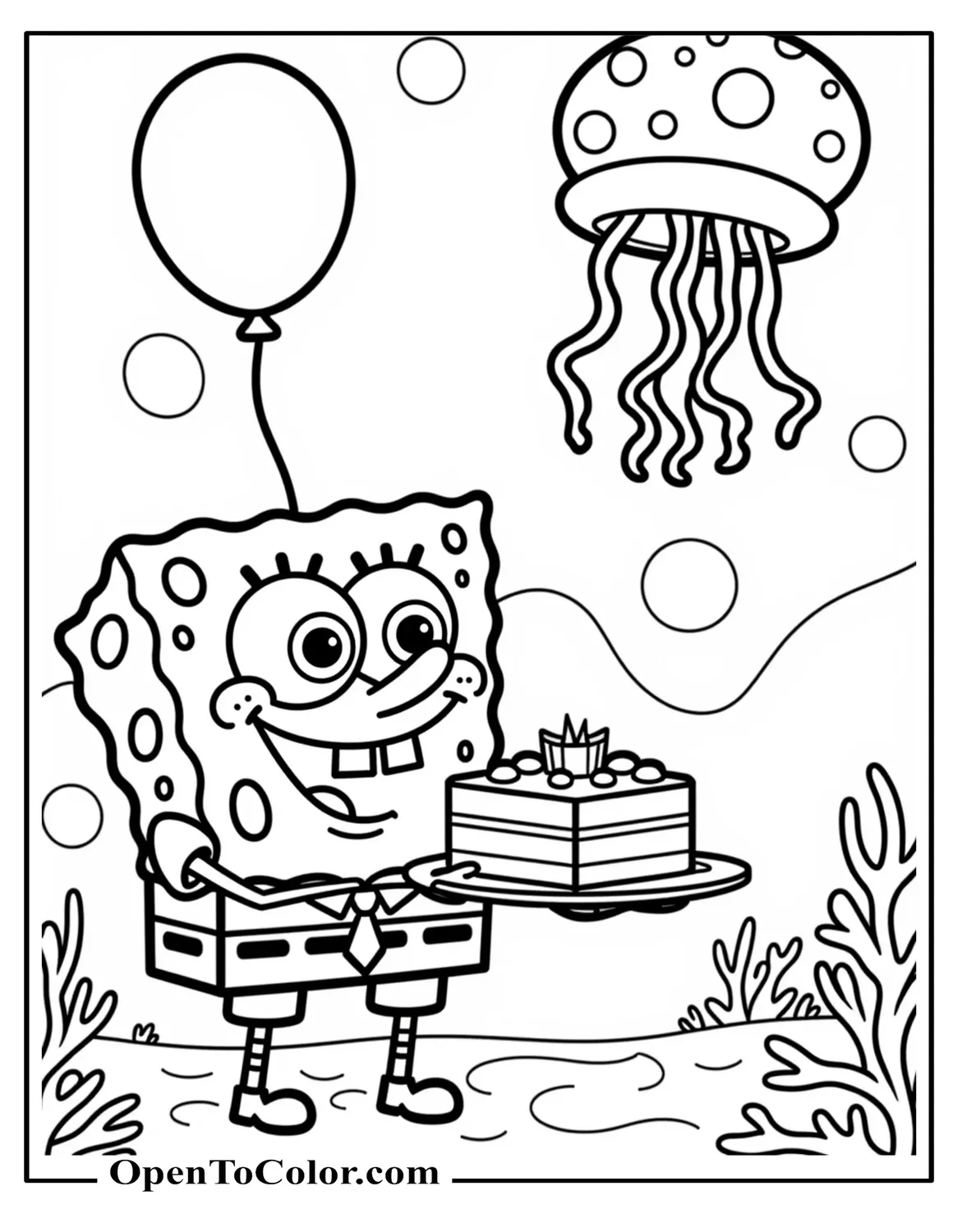 Free Spongebob holding square cake, jellyfish, and a balloon floating coloring page.