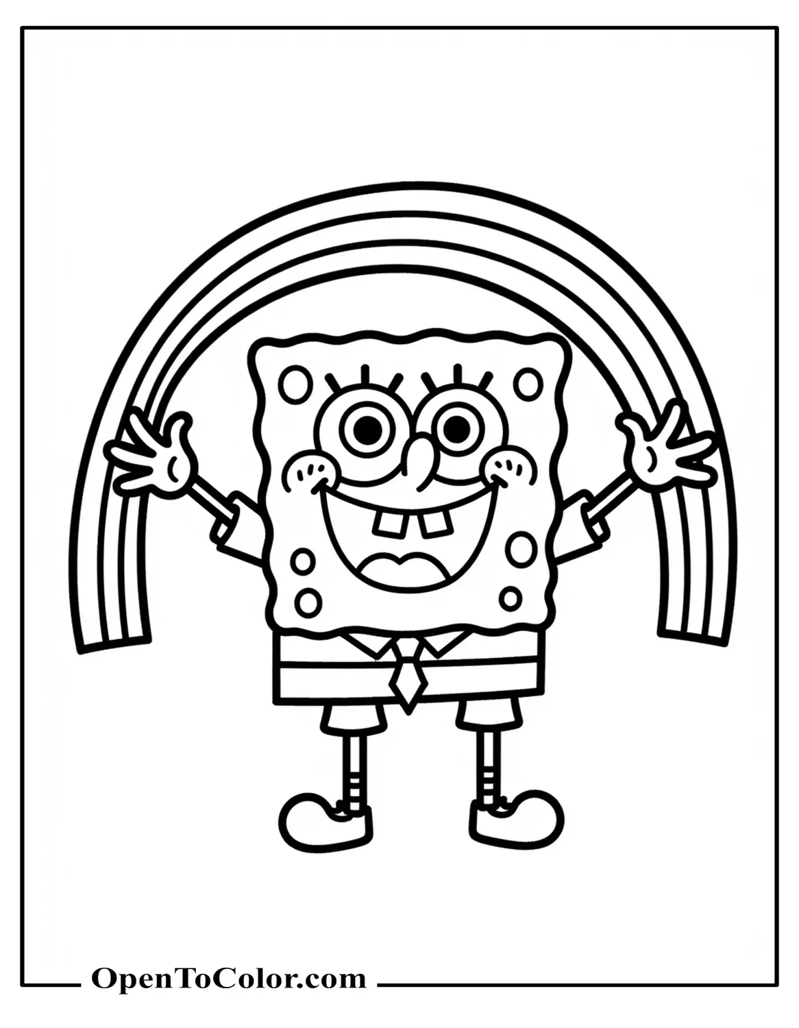Spongebob Raising Arms Under Rainbow Arch, Joyful Expression, Coloring Sheet PDF
