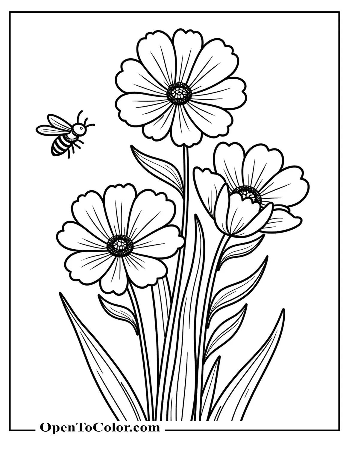 Free Coloring Sheet of a Bunch of Blooming Spring Flowers with Bees Flying Around