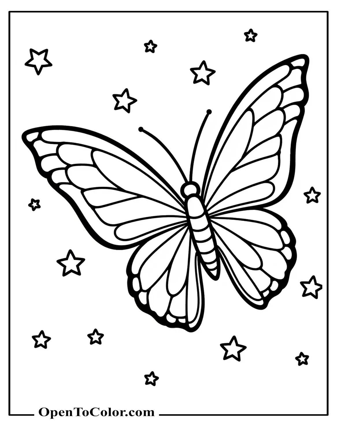 Printable Star-shaped Butterfly Coloring Sheet Soaring Among Tiny Star Motifs