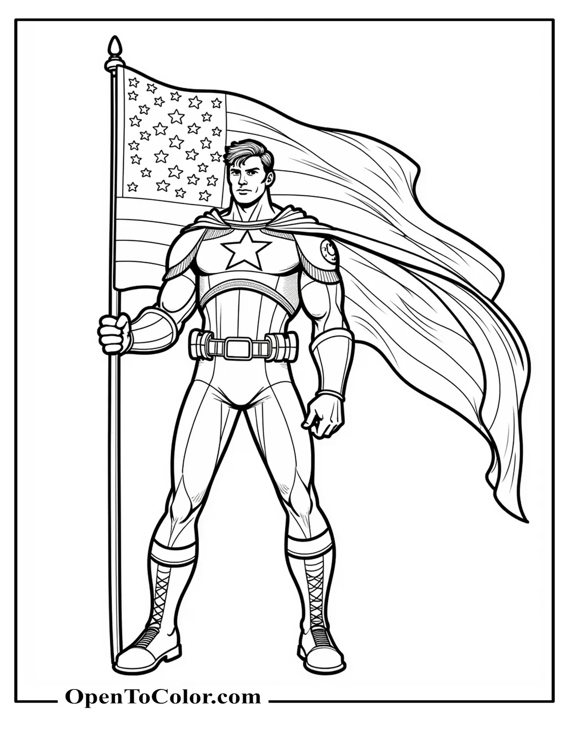 Steve Rogers holding a large American flag over his shoulder, wind blowing cape dramatically, printable coloring sheet.