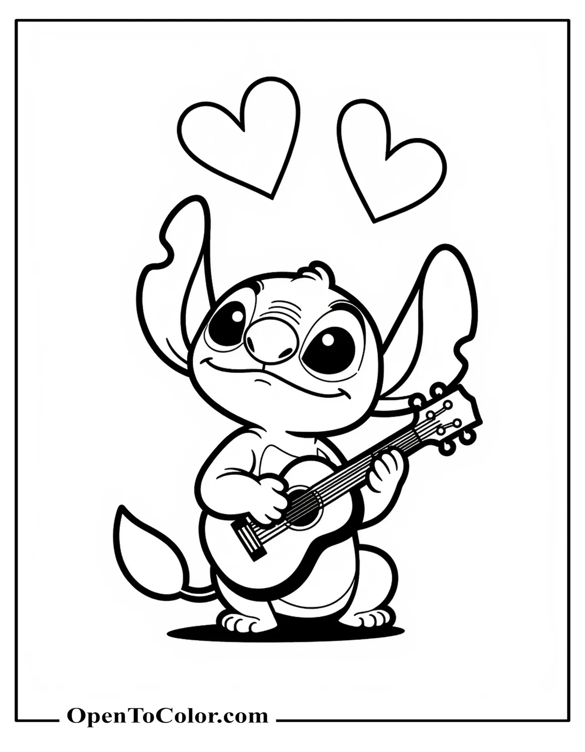 Free Coloring Page of Stitch Strumming a Ukulele Beneath Floating Pink Hearts, Kawaii Romance Style