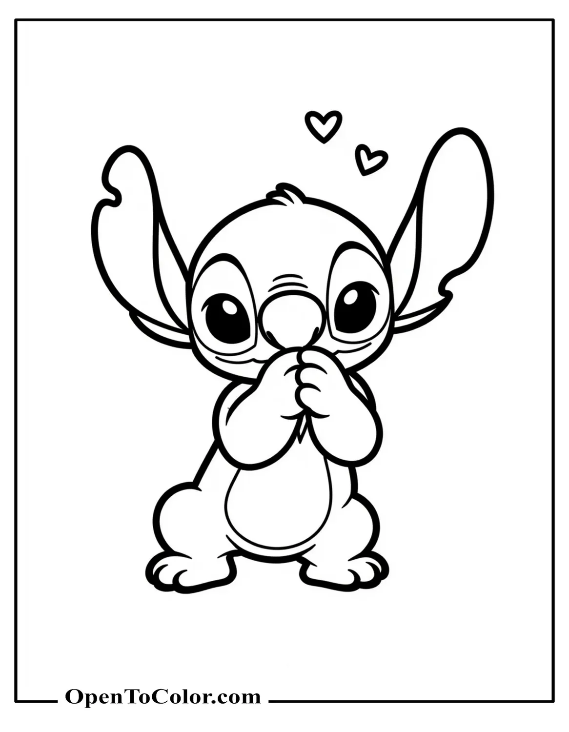 Stitch blowing a kiss toward the viewer with tiny hearts floating around him, chibi expression, printable coloring sheet.