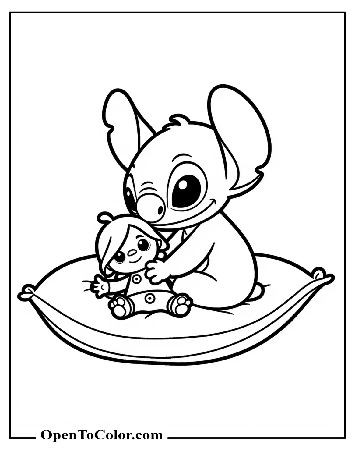 Free Coloring Sheet of Stitch Cuddling a Rag Doll with Mismatched Button Eyes While Sitting on a Pillow