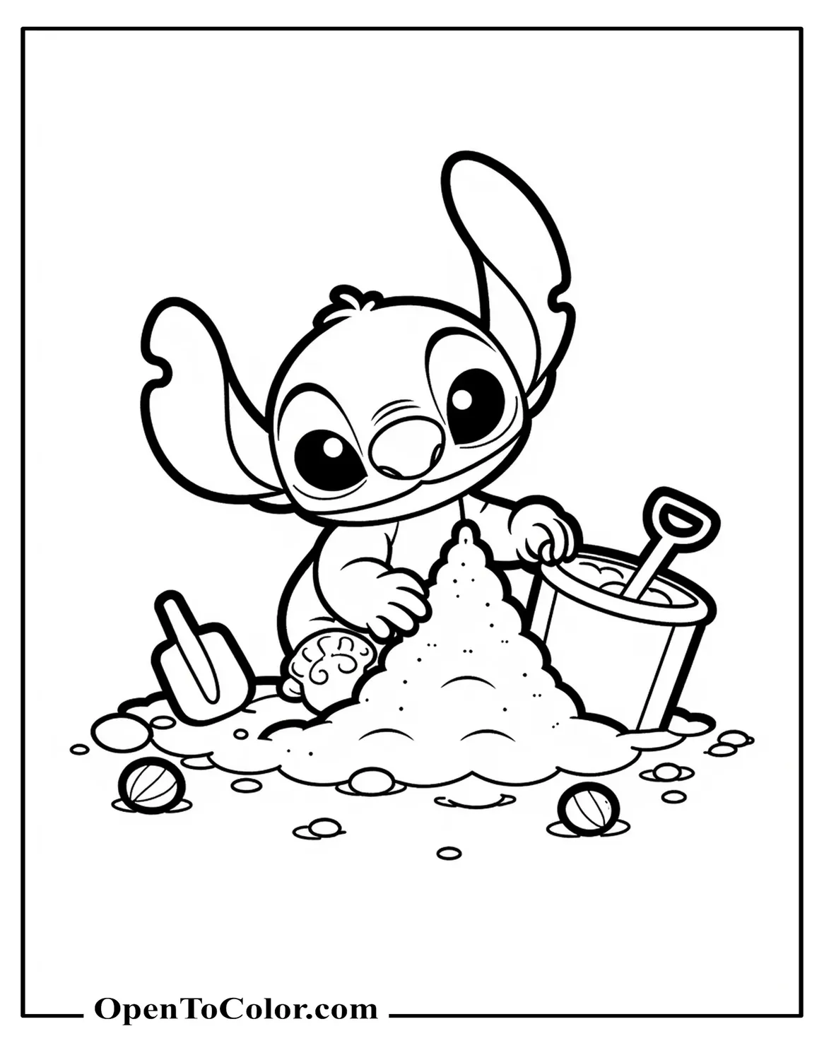 Stitch building a sandcastle using a bucket and shovel with scattered seashells coloring page PDF