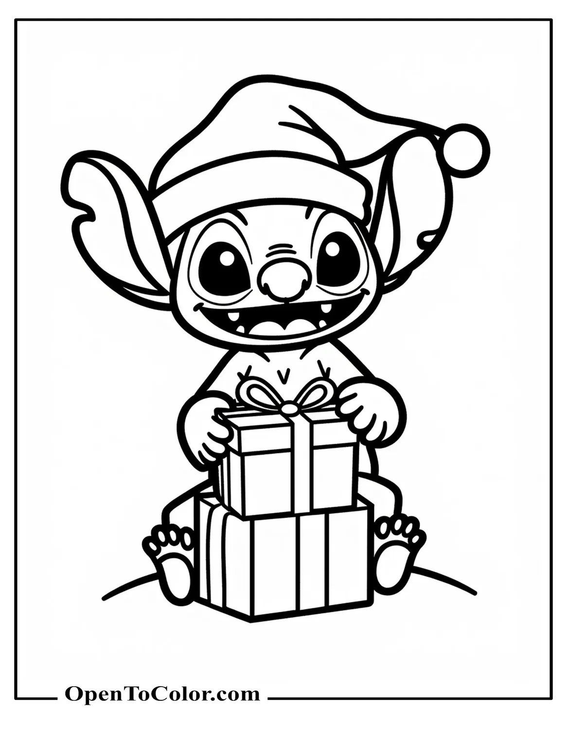 Stitch wearing Santa hat stacking wrapped gifts coloring page printable