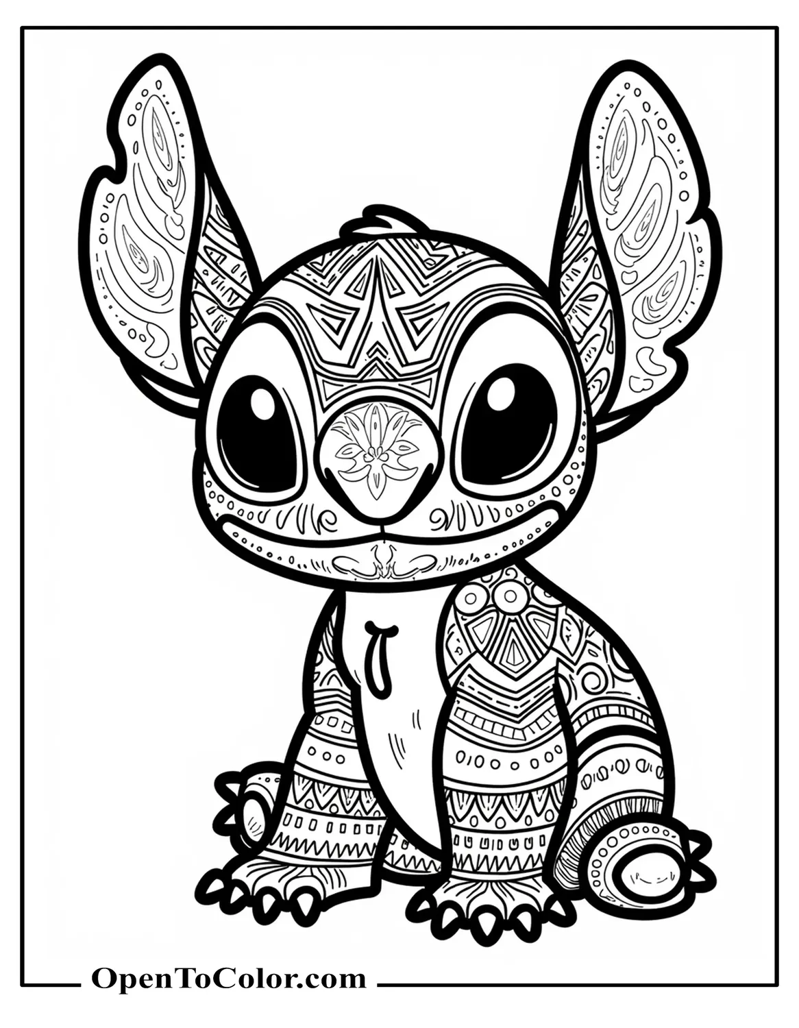 An intricate portrait of Stitch filled with tribal patterns and floral motifs for adult coloring sheet PDF.
