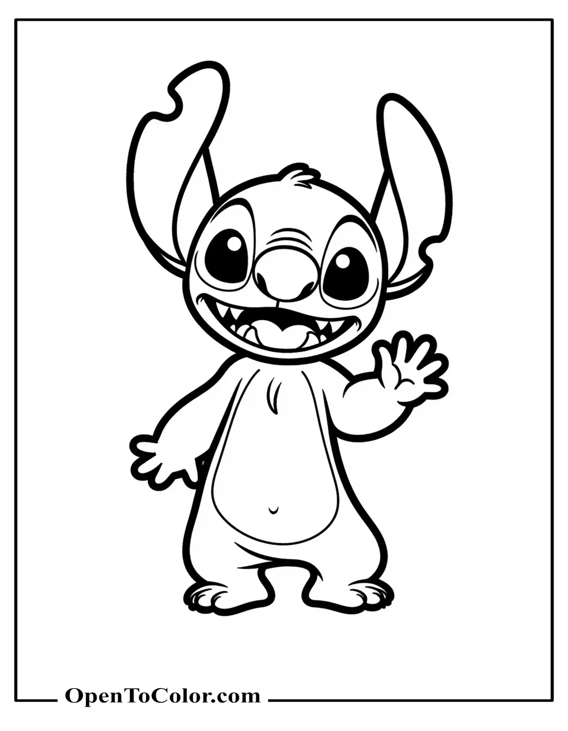 Cartoon Stitch Waving Hello With One Hand Raised Coloring Page PDF