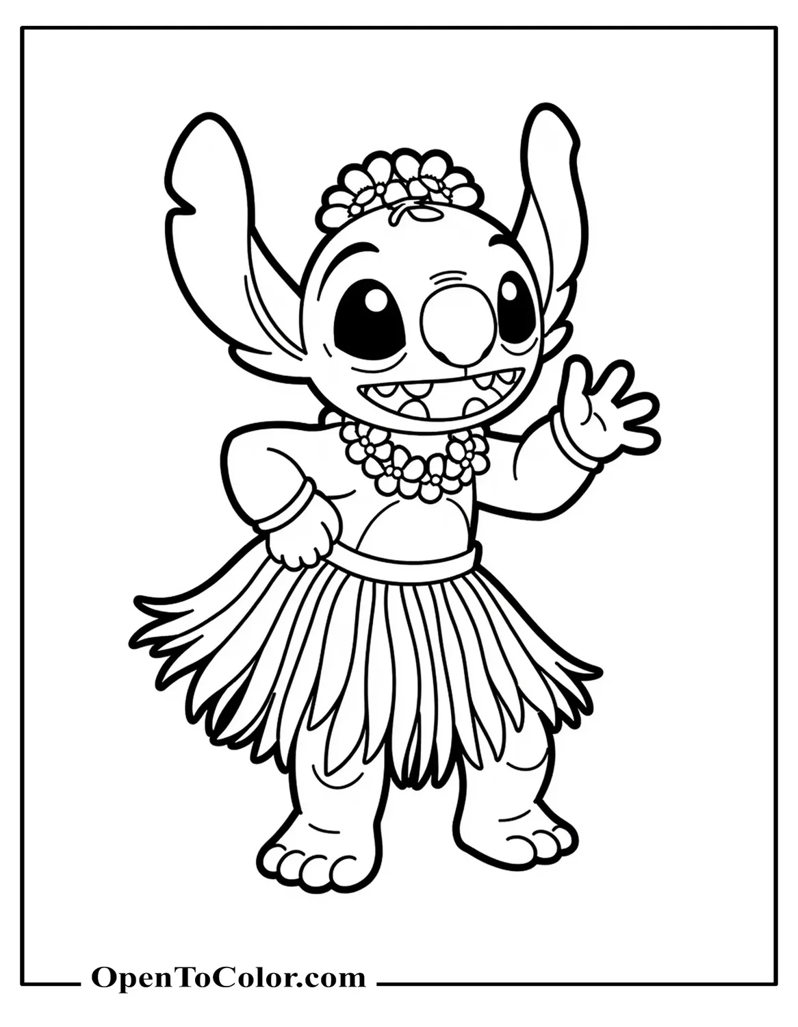 Free coloring page of Stitch shaking hips in hula skirt with blossom lei.