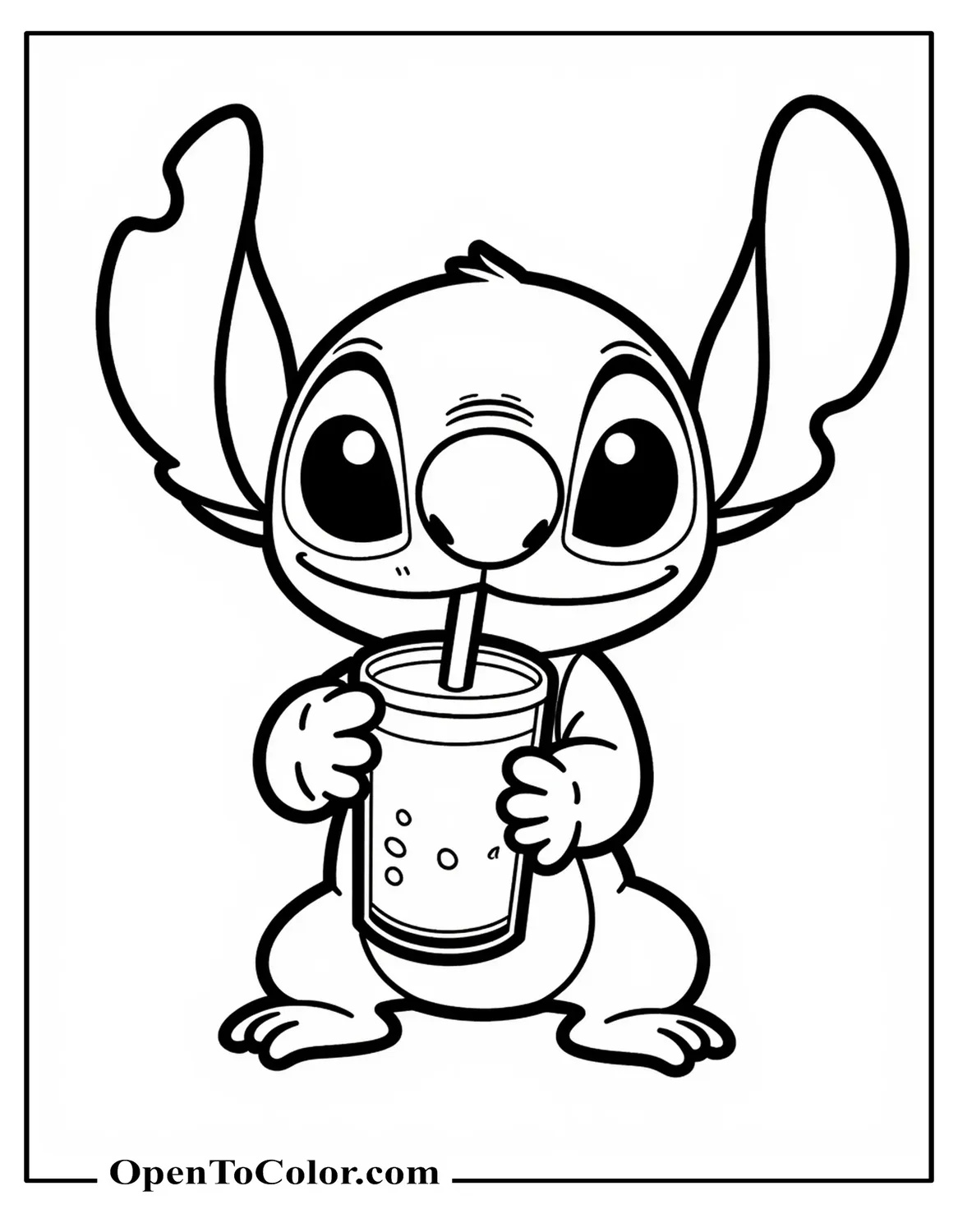 Stitch Sipping Boba Tea Through Wide Straw Coloring Page PDF