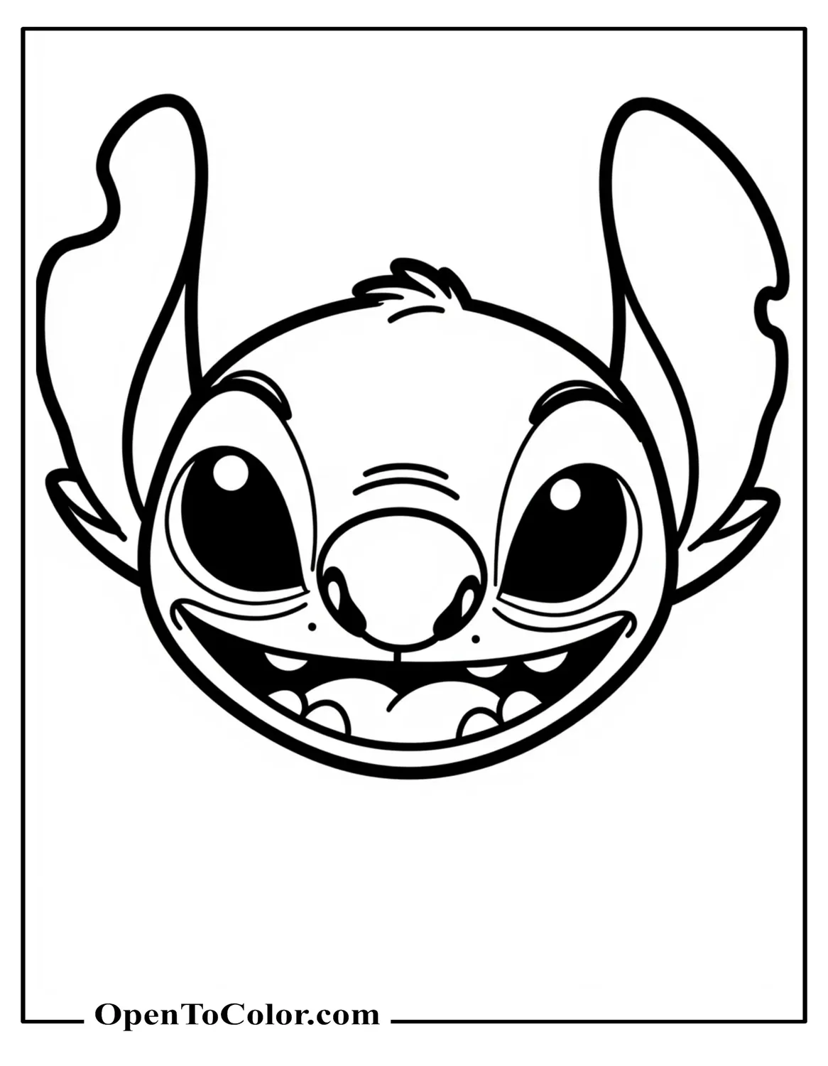 Large Close-Up of Stitch Face with Wide Grin Coloring Page Printable