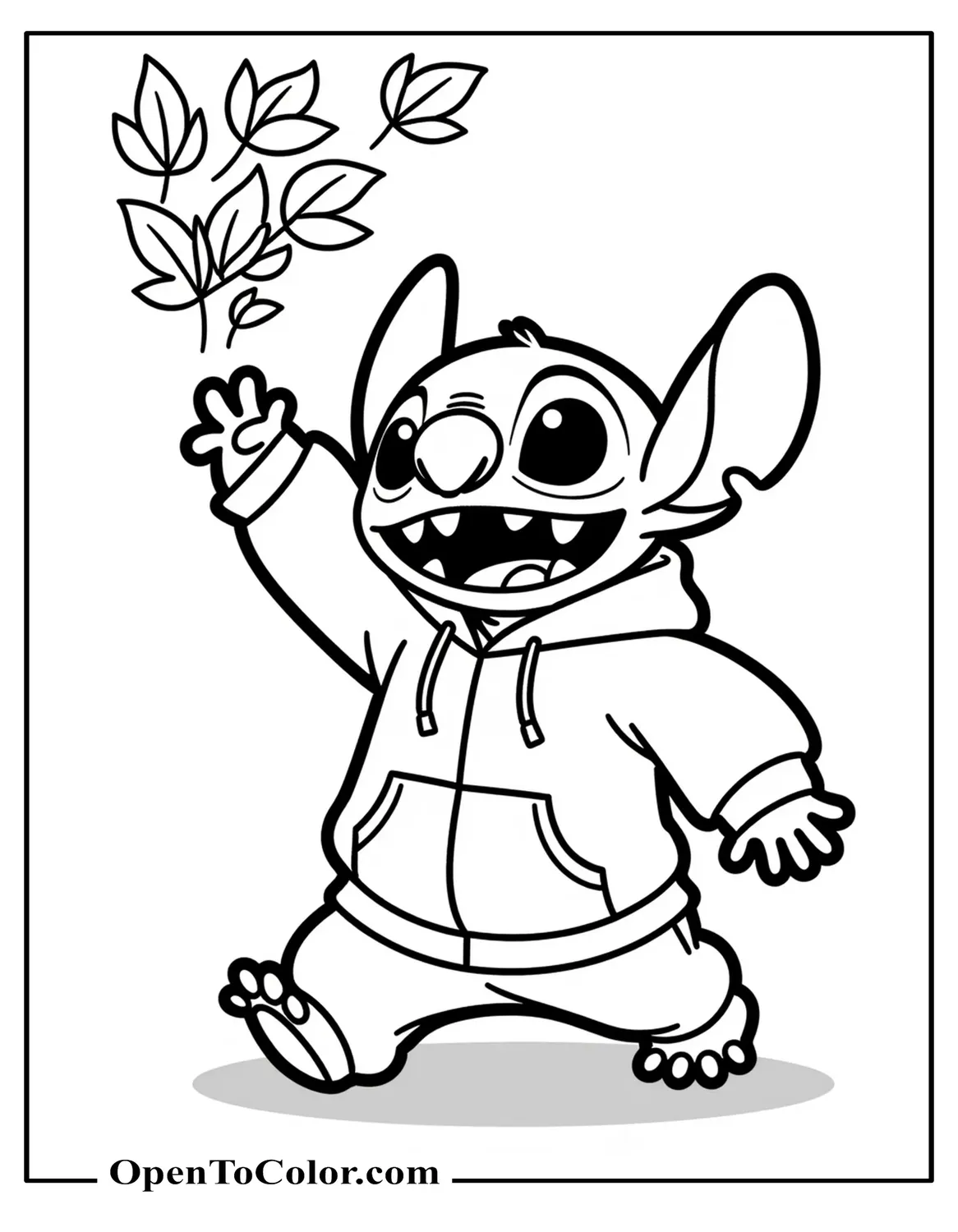 Free Coloring Page of Stitch Wearing a Hoodie and Tossing an Armful of Leaves into the Air