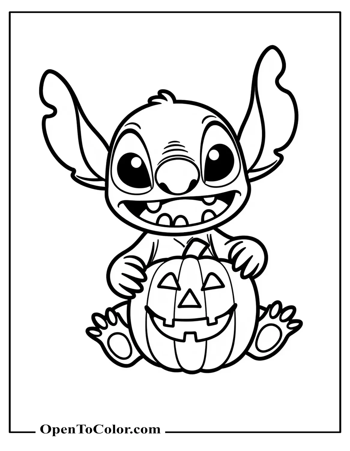 Free Coloring Page of Stitch Holding Carved Pumpkin with Toothy Smile