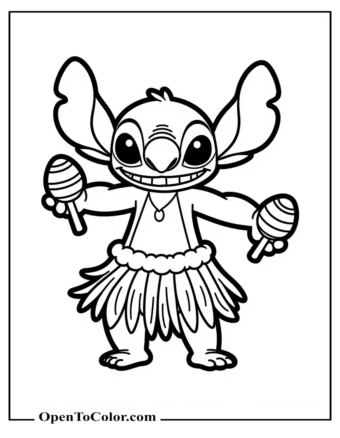 Stitch dancing hula in grass skirt with maracas coloring sheet PDF