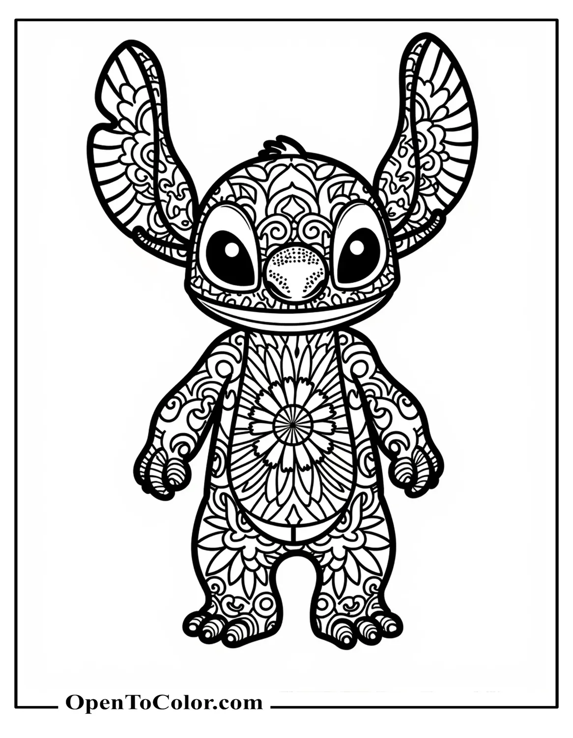 Stitch silhouette filled with detailed mandala patterns, printable coloring page.