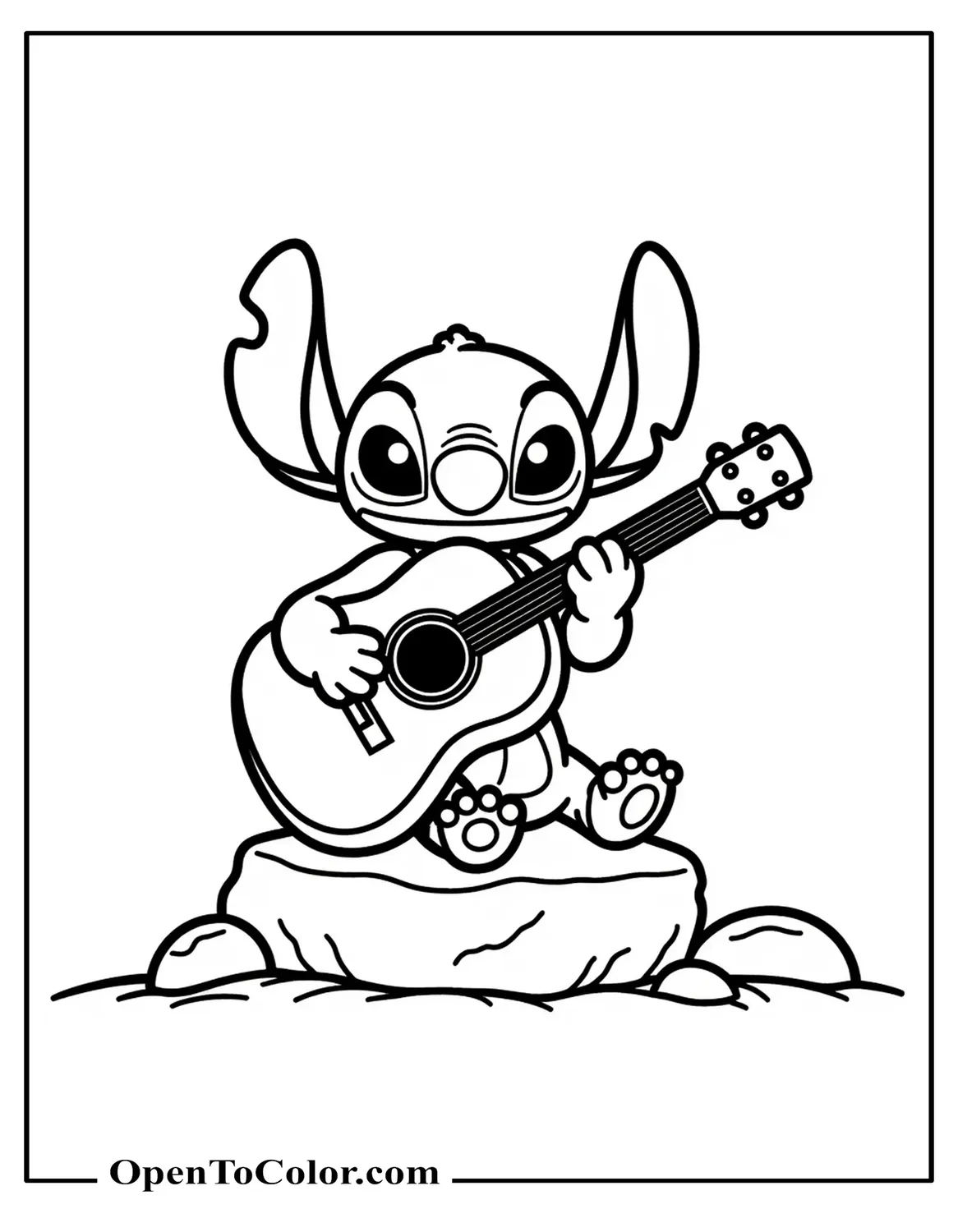 Printable Coloring Sheet of Stitch Strumming Guitar While Seated on Rock