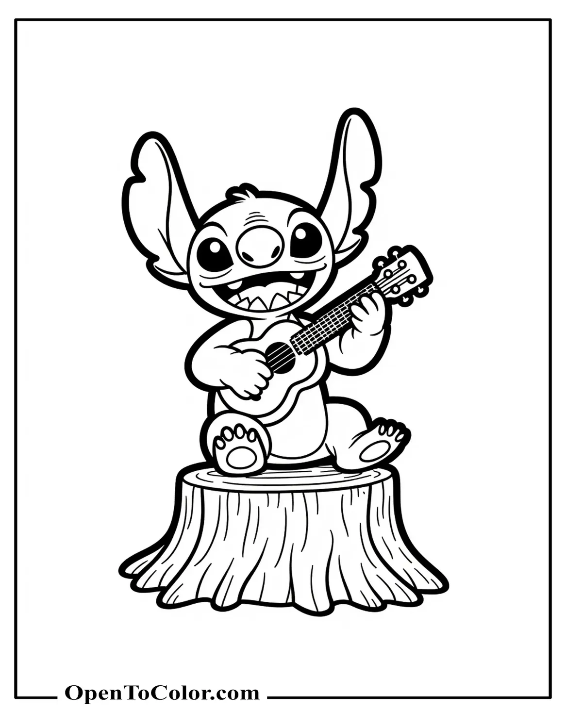 Stitch playing ukulele sitting on tree stump coloring sheet PDF