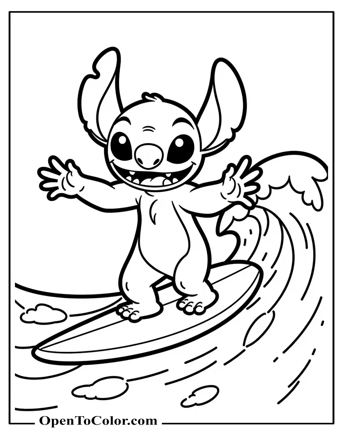 Free Coloring Sheet of Stitch Surfing Big Wave Arms Outstretched
