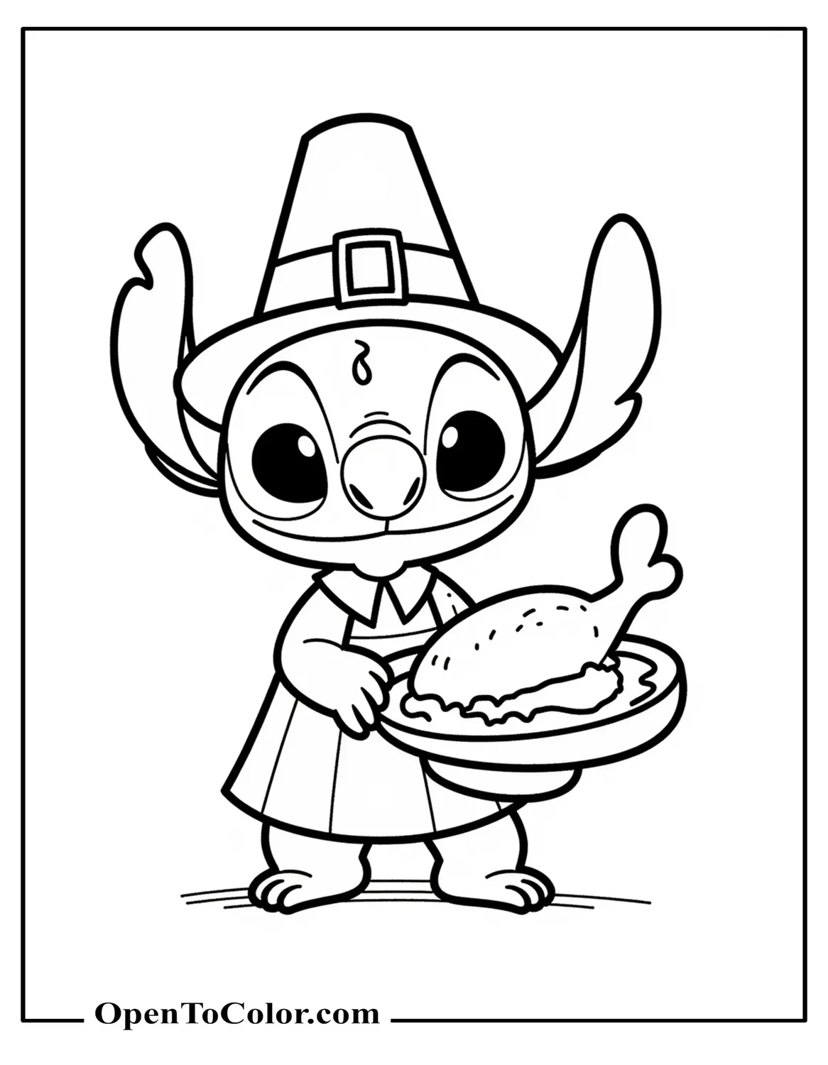 Stitch in Pilgrim Hat Holding Roasted Turkey Leg Coloring Page PDF