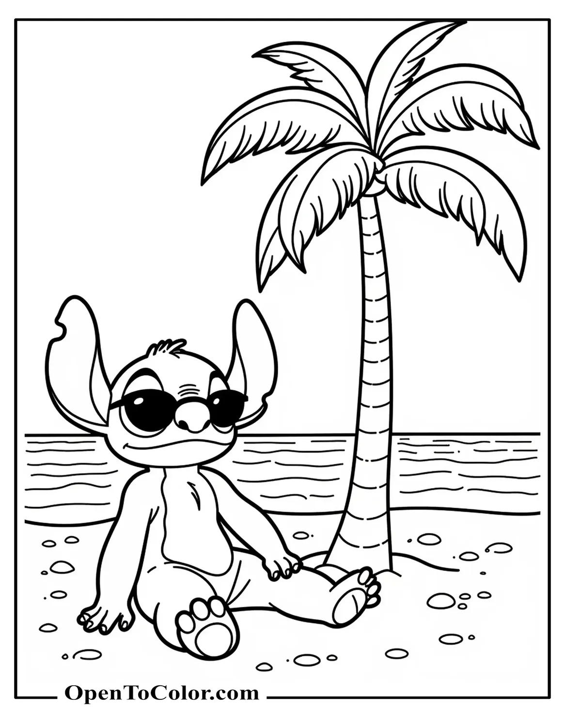 Stitch Relaxing Under a Palm Tree While Wearing Sunglasses, Island Vibe, Printable Coloring Page