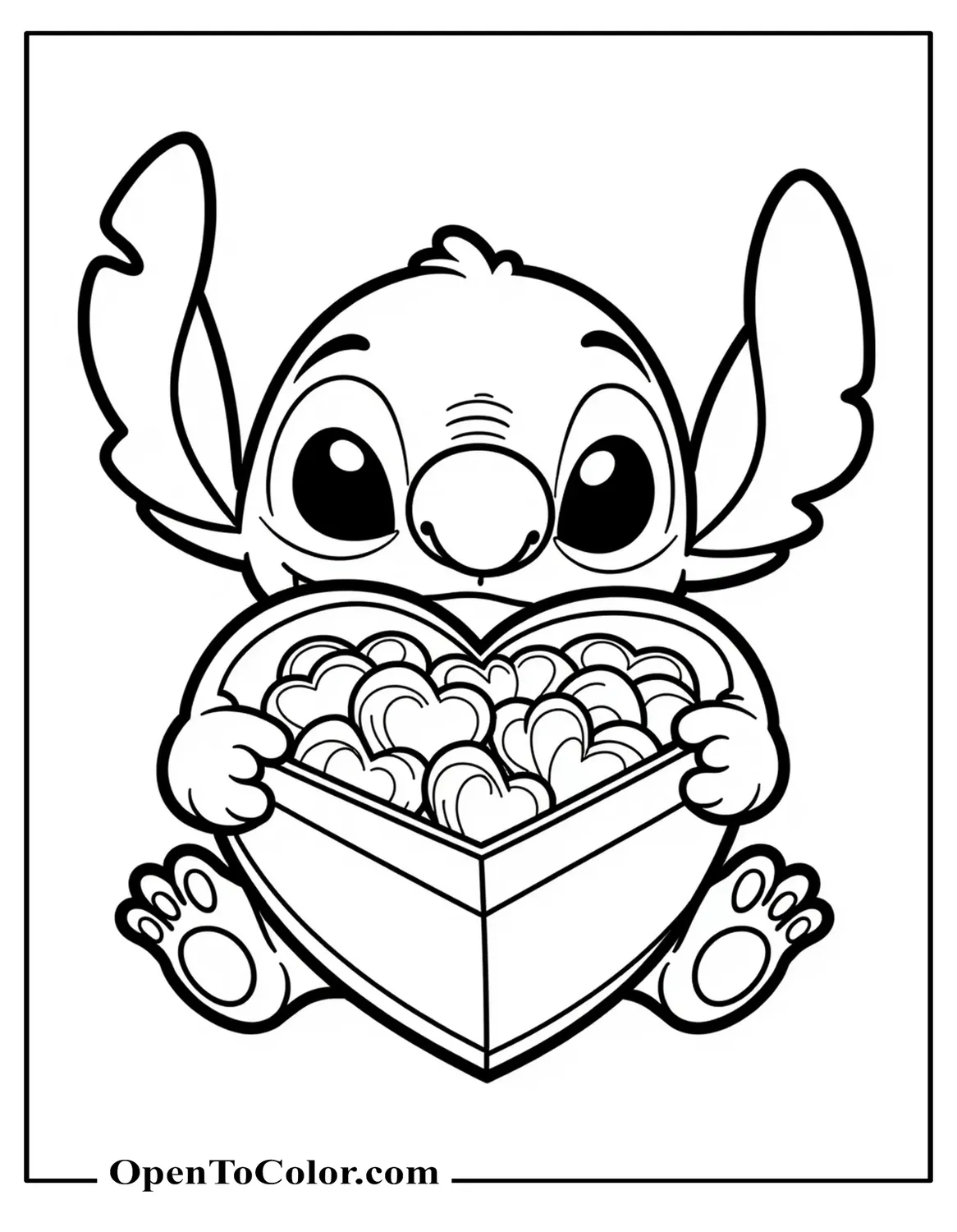 Stitch offering heart-shaped candy box coloring sheet printable
