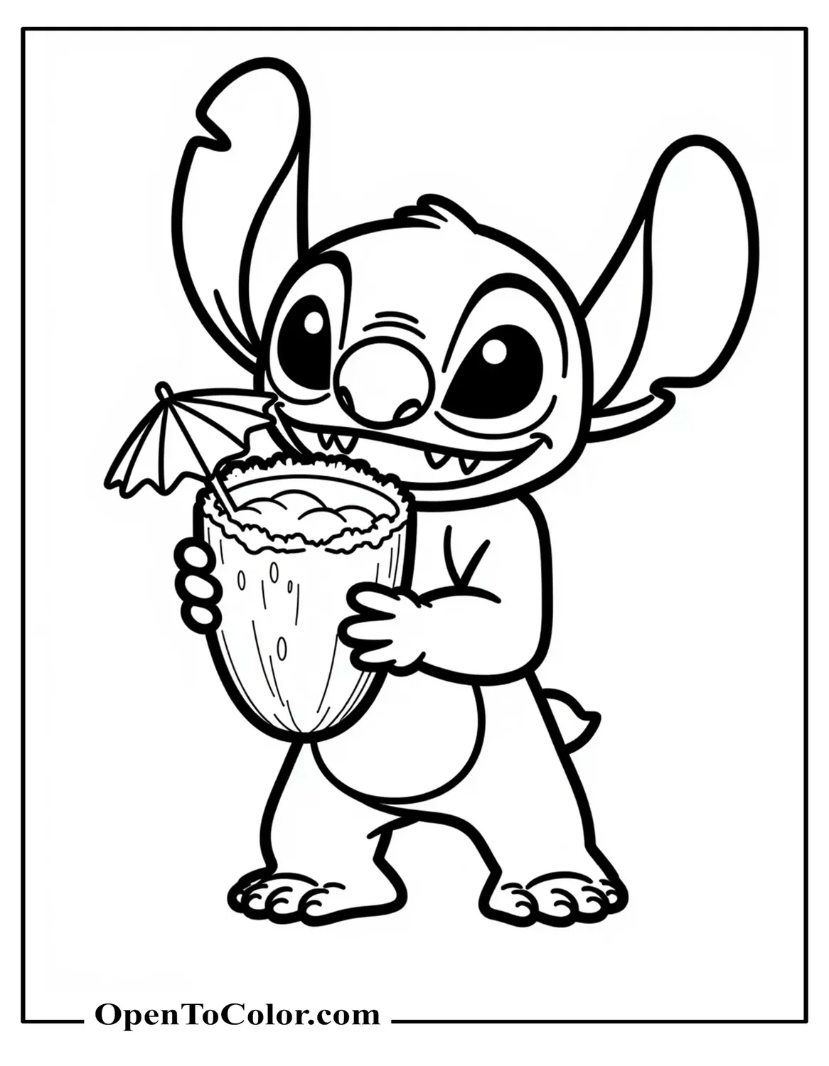 Stitch Sipping Coconut Drink With Tiny Umbrella Coloring Page Printable