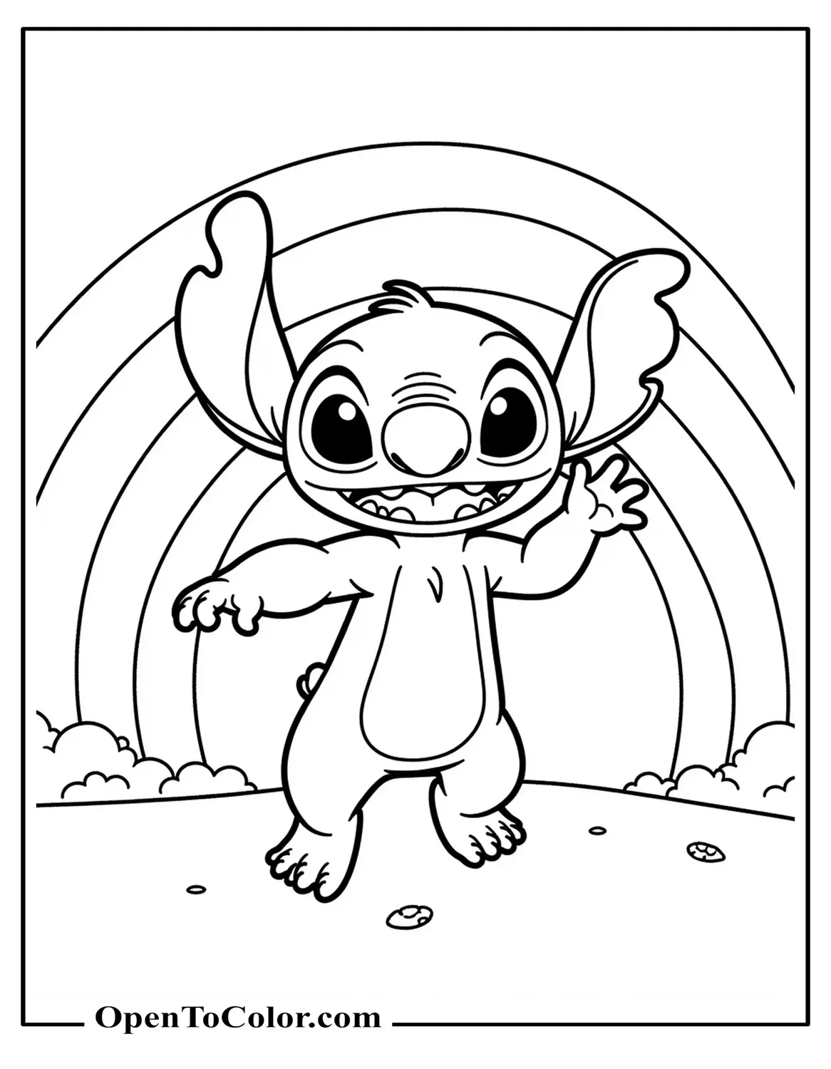 Free Coloring Page of Stitch Leaping with Large Rainbow Backdrop