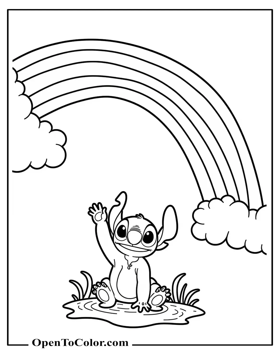 Stitch Reaching Up Toward Arcing Rainbow Coloring Page PDF