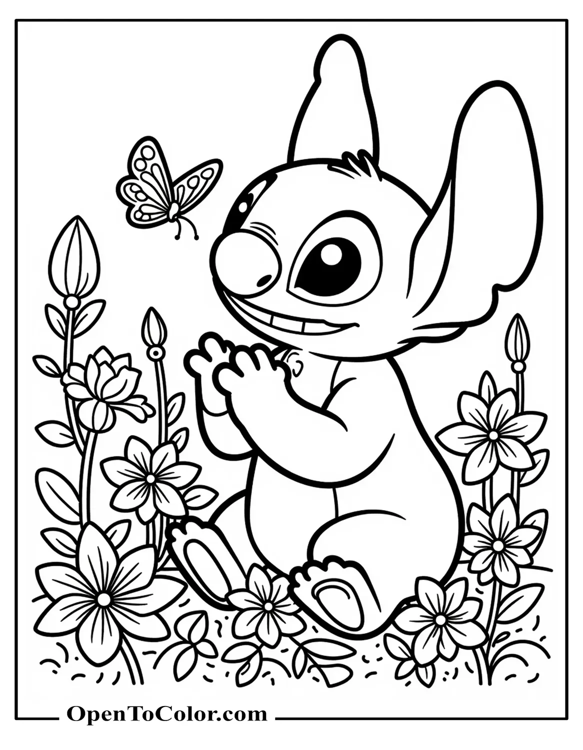 Free Coloring Sheet of Stitch Watching Butterflies in Flower Garden