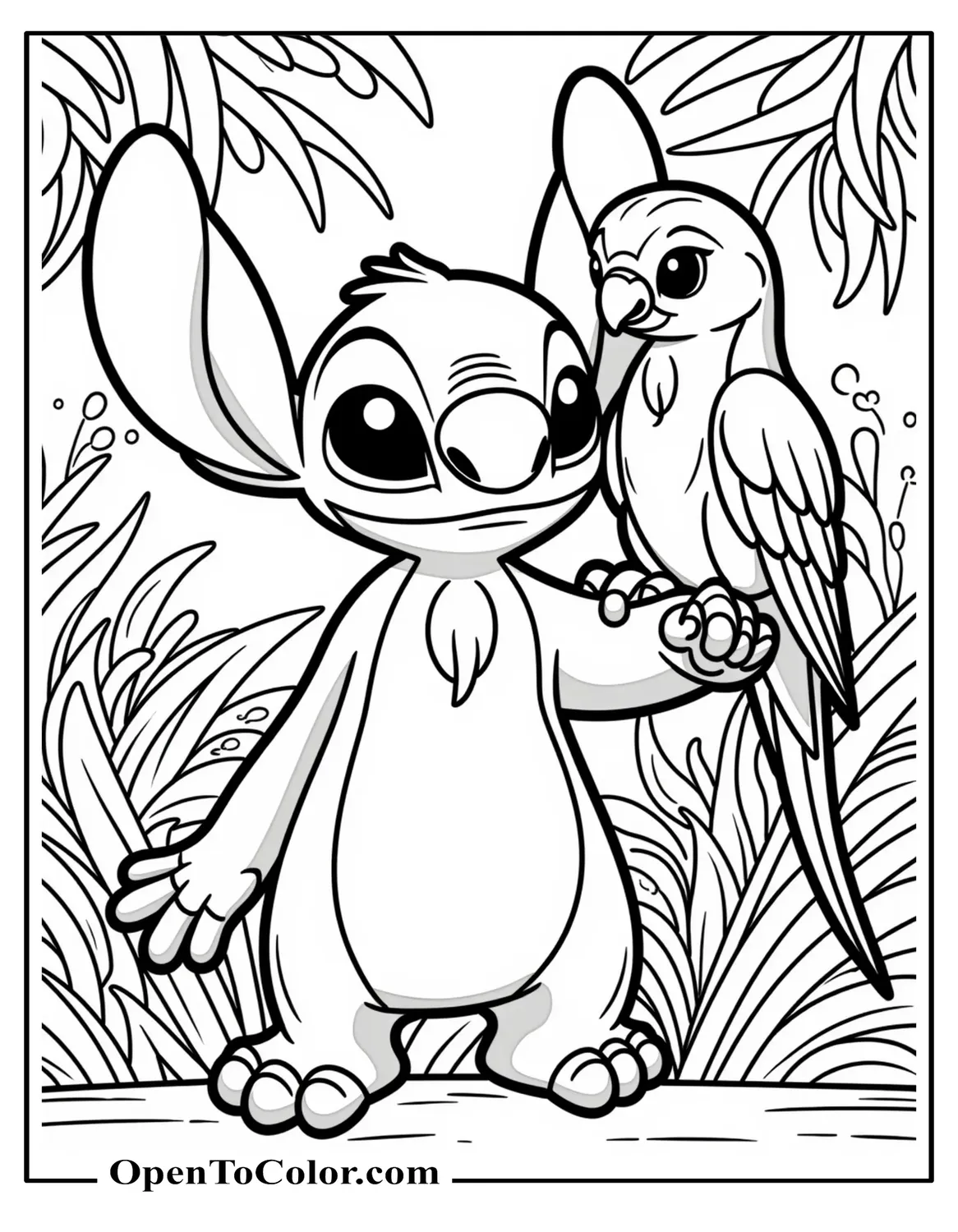 Coloring Sheet of Experiment 626 Stitch Standing, Printable Colourful Tropical Parrot Perched On Left Shoulder, Dense Jungle Backdrop