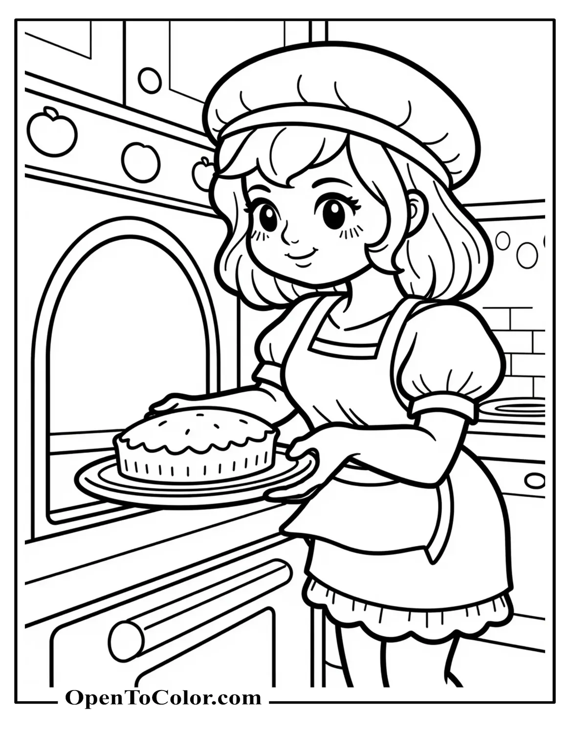 Free Strawberry Shortcake Coloring Sheet Rolling Dough and Sliding a Pie into an Oven, Kitchen Scene