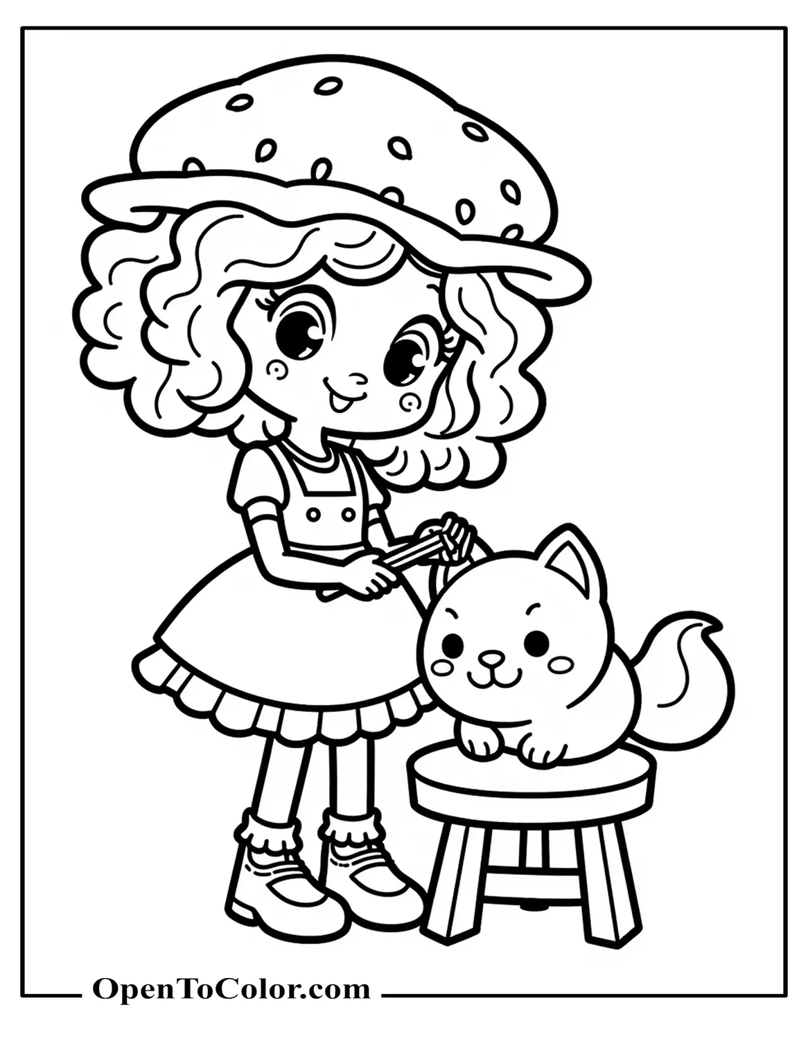 Strawberry Shortcake Brushing Custard’s Fur on a Stool, Easy Large Outlines for Young Kids, Free Coloring Page