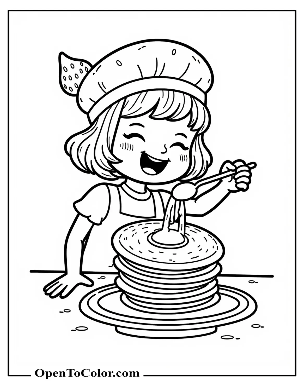 Cartoon Strawberry Shortcake Laughing and Sprinkling Sugar Over a Stack of Pancakes Coloring Sheet PDF