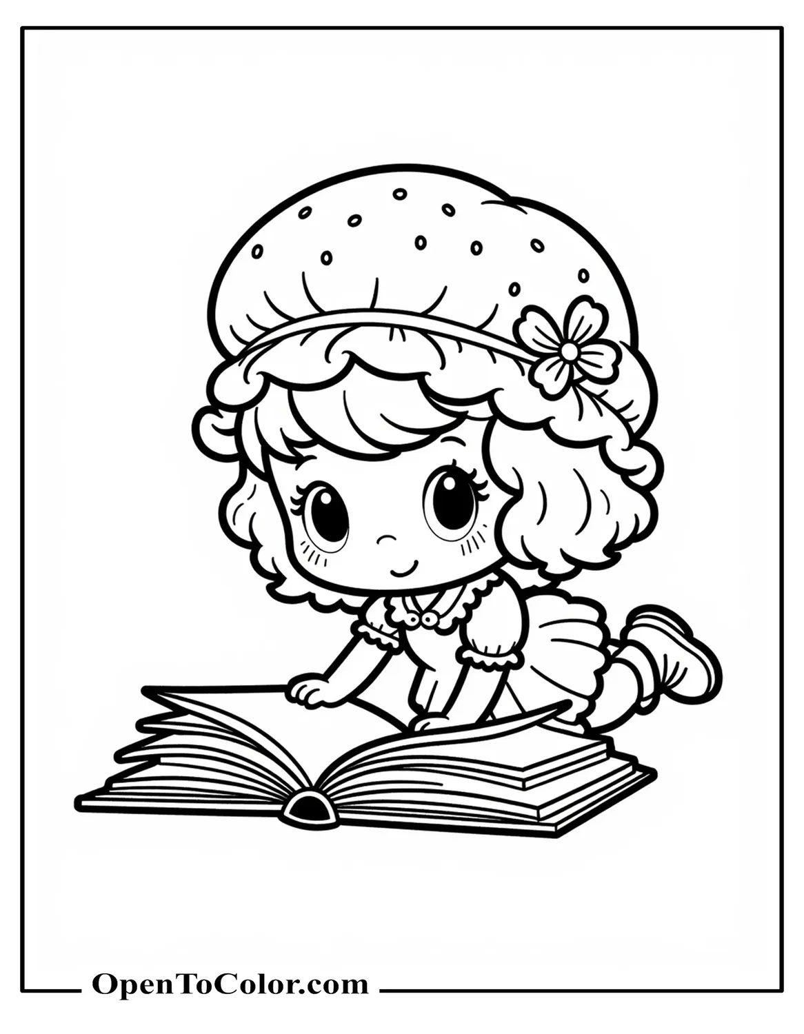 Strawberry Shortcake flipping through a big open printable coloring sheet on the floor, Sanrio influence