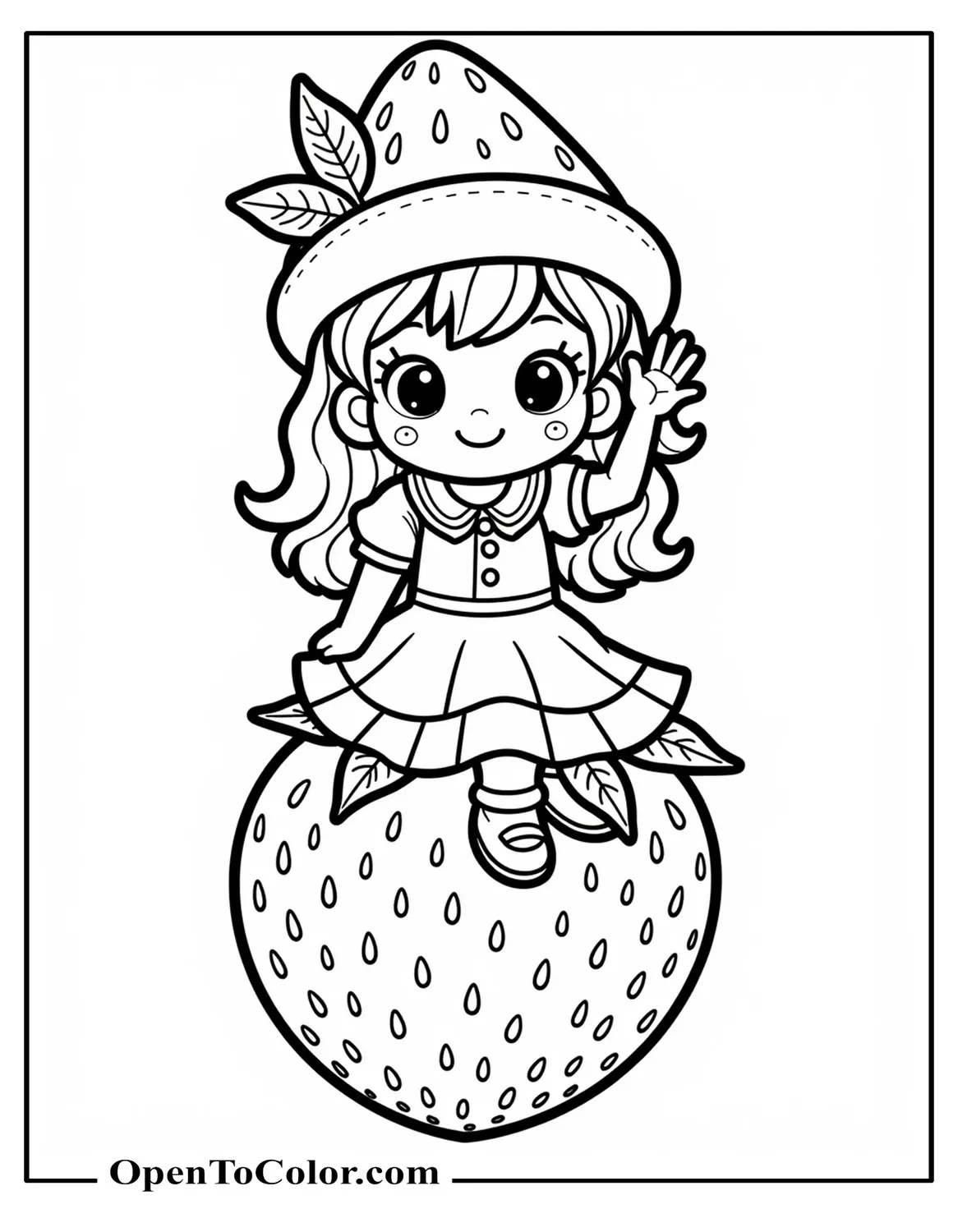 Strawberry Shortcake Sitting On A Giant Berry, Waving And Holding Her Hat, Detailed Chibi Style Coloring Page PDF
