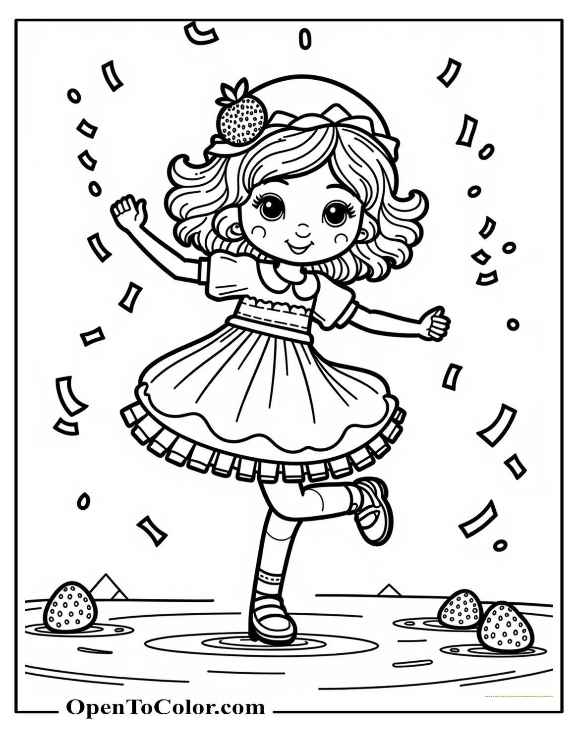 Strawberry Shortcake Dancing with Streamers at the Berry Fest Stage, Confetti Falling, Printable Coloring Sheet
