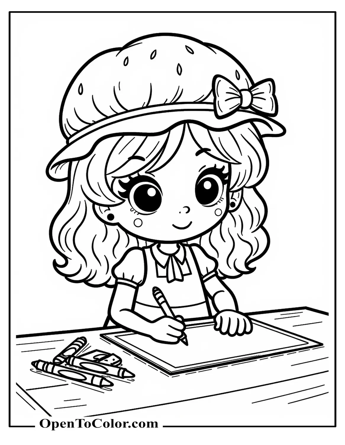 Strawberry Shortcake at Her Desk Drawing with Crayons, Coloring Page PDF, Sketch Papers Scattered