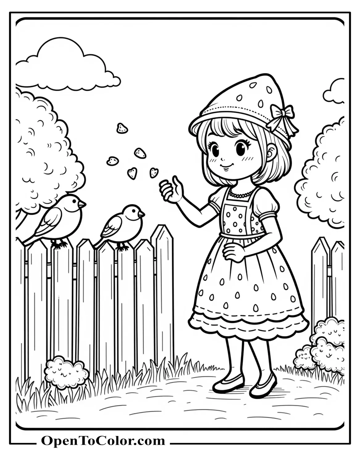 Strawberry Shortcake Tossing Crumbs to Chirping Birds Perched on a Fence, Serene Scene, Coloring Sheet PDF
