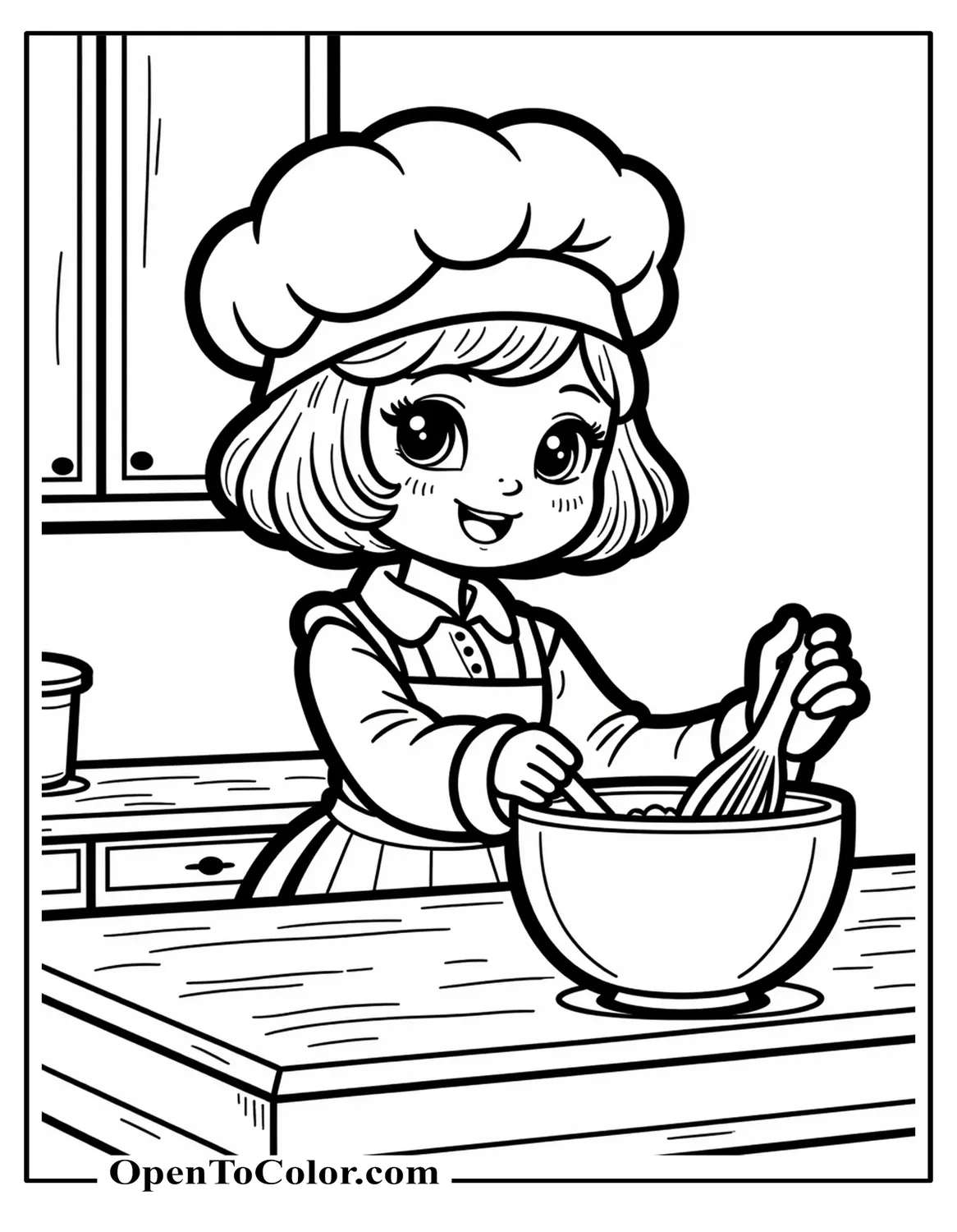 Strawberry Shortcake Stirring Batter In A Mixing Bowl On A Rustic Countertop, Chef Hat Tilted, Coloring Sheet PDF