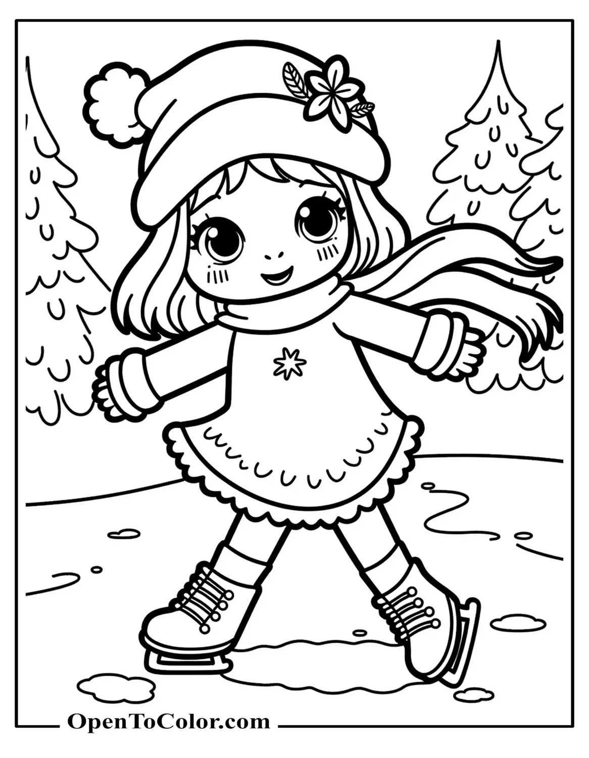 Strawberry Shortcake gliding on ice skates with a scarf trailing behind, winter trees backdrop, coloring page PDF.