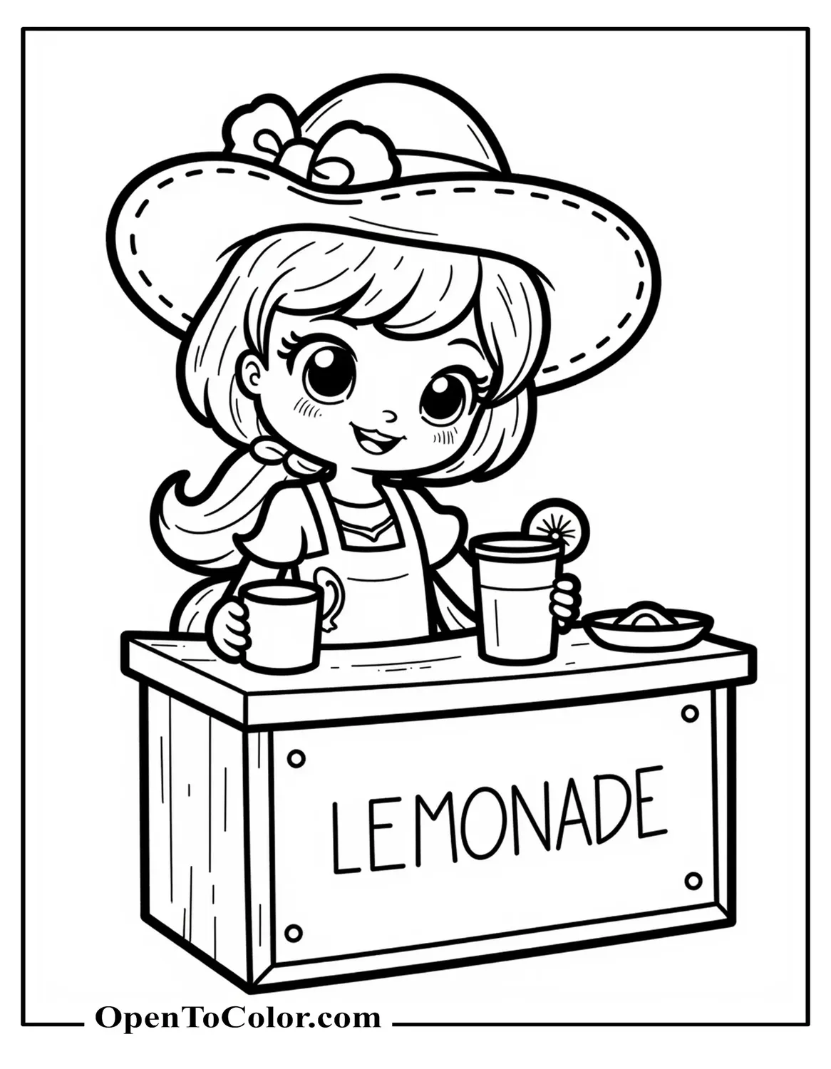 Printable coloring page of Strawberry Shortcake selling lemonade at a small stand with a hand-drawn banner.