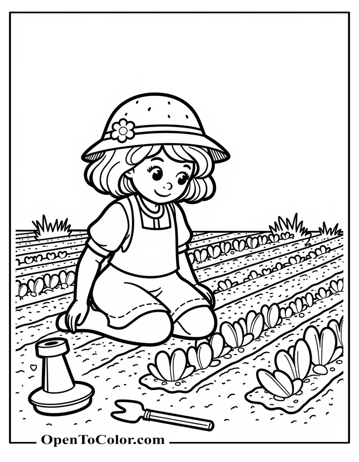 Free Coloring Page of Strawberry Shortcake Kneeling to Plant Flowers in Neat Rows, Gardening Tools Nearby
