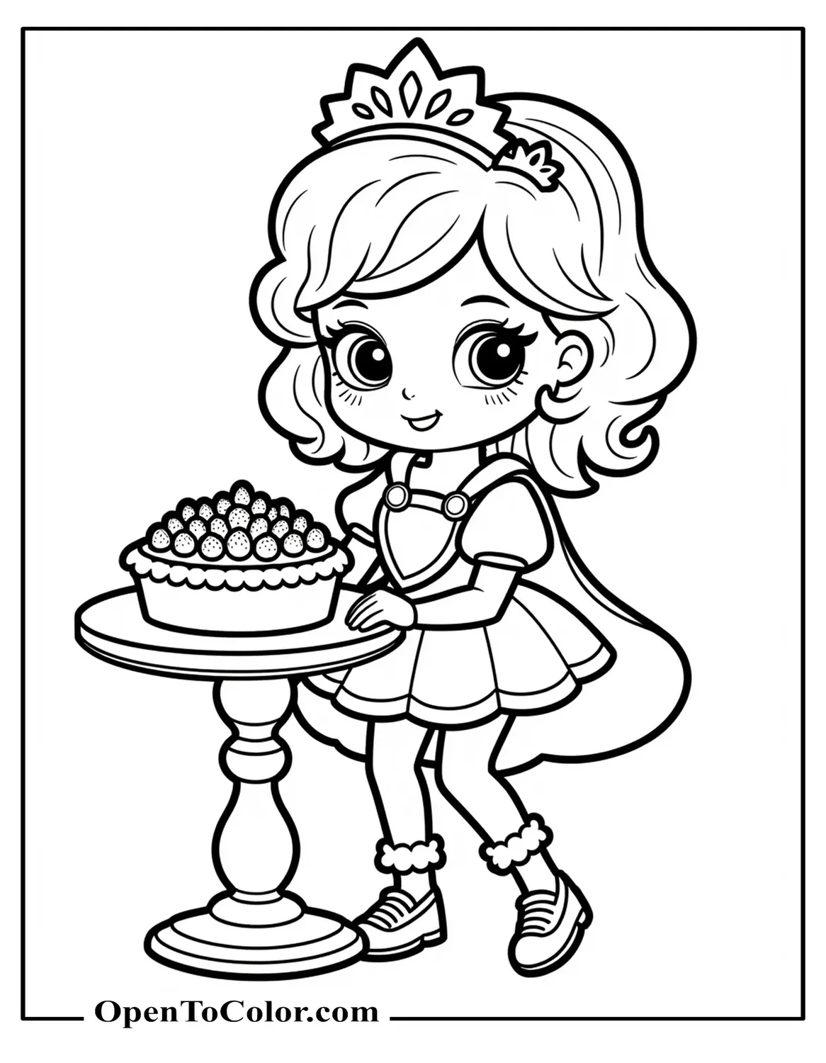 Printable coloring page of Strawberry Shortcake wearing a tiara and cape while presenting a berry pie on a pedestal.