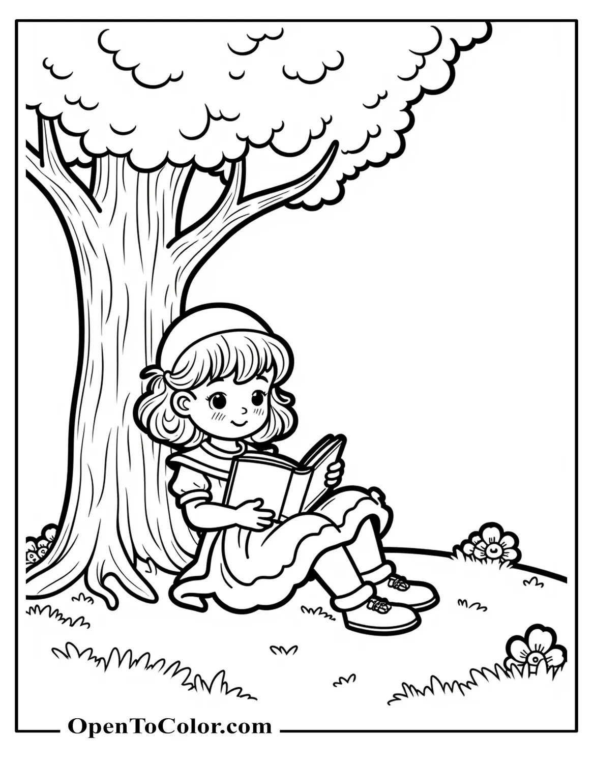 Free Coloring Sheet of Strawberry Shortcake Reclining Under a Tree Reading an Open Book, Gentle Breeze Effect